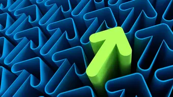 Decorative graphic of a green arrow pointing upwards, standing out against a background of many blue arrows.