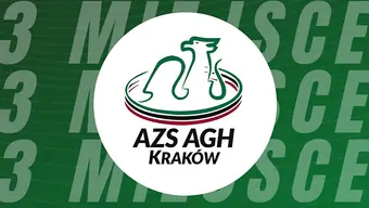 W białym kole logotyp złożony z czarnego napisu AZS AGH KRAKÓW oraz górnego fragmentu symbolu orła przepasanego trzema szarfami zieloną, czarną i czerwoną. W tle powtórzone napisy "3 miejsce".