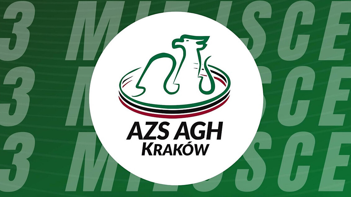 W białym kole logotyp złożony z czarnego napisu AZS AGH KRAKÓW oraz górnego fragmentu symbolu orła przepasanego trzema szarfami zieloną, czarną i czerwoną. W tle powtórzone napisy "3 miejsce".