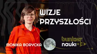 Grafika ilustracyjno-informacyjna z podtytułem odcinka („Wizje przyszłości”), imieniem i nazwiskiem gościni-rozmówczyni oraz jej zdjęciem.