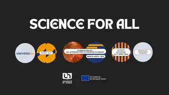 A decorative poster with a slogan "science for all" and colorful circles with the most important details on the initiative. A logotype of the University of Namur and the flag of the EU with phrase "co-funded by the European Union" are below the circles.