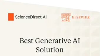 A decorative image with the logotypes of ScienceDirect AI and Elsevier in orange and a phrase "best generative AI solution" in the bottom.