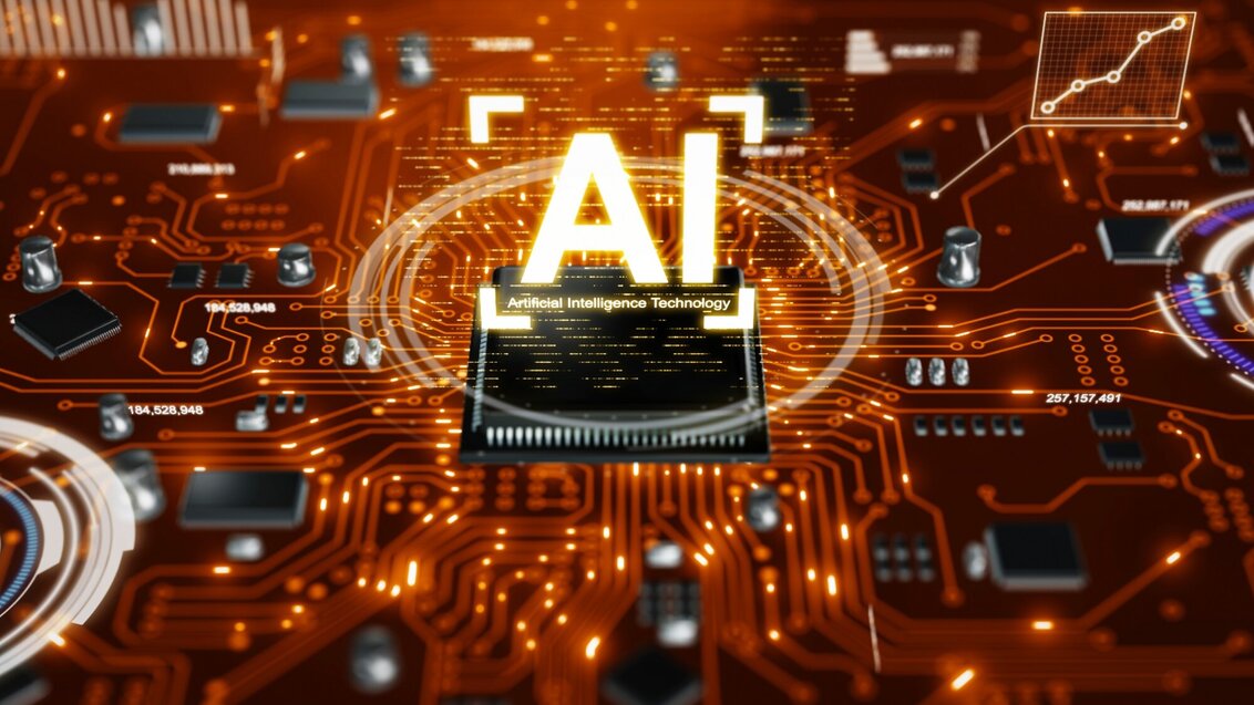 The image appears to showcase an "AI" logo or text at the center, with circuitry or network designs in the background.