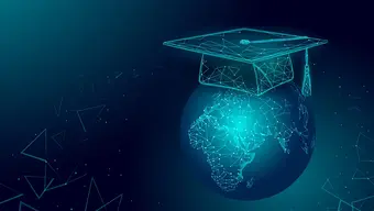 Digital illustration of a graduation cap made of glowing network lines floating above a luminous Earth.