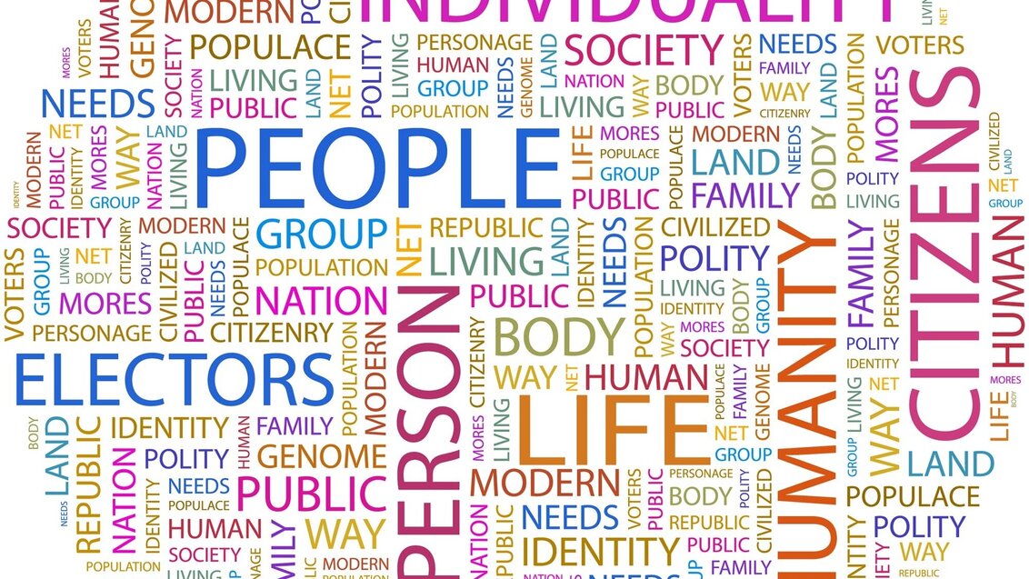 Colourful collage made up of English words related to citizens and society.