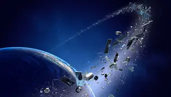 A decorative image of space debris orbiting Earth.