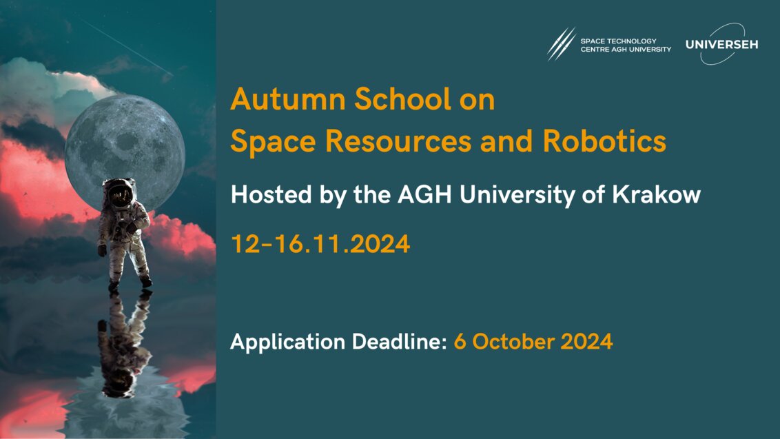 A greenish poster of the autumn school on space resources and robotics with basic information on the event, logos of universeh and space technology centre in the upper right corner and an image on an astronaut on the left