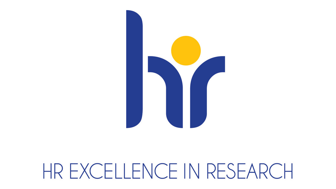 Image with the logo of HR Excellence in Research Award, blue letters - h and r - with a yellow dot between them