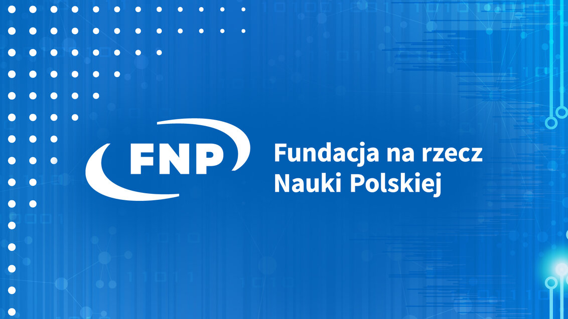 Grafika dekoracyjna. Niebieski baner z logo FNP i napisem Fundacja na rzecz Nauki Polskiej