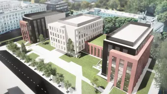 visualisation of a modern building complex as seen from the air, a lot of greenery and a building with white facade in the middle