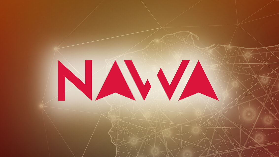 An illustration of a large red logo of NAWA on the background of the shape of Poland with various lines connecting cities